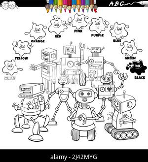 Black and white educational cartoon illustration of basic colors with robot characters group coloring book page Stock Vector