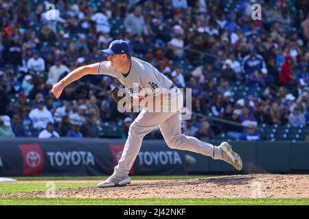 Denver CO, USA. 10th Apr, 2022. Los Angeles pitcher Evan Phillips (59) in action during the game with Los Angeles Dodgers and Colorado Rockies held at Coors Field in Denver Co. David Seelig/Cal Sport Medi. Credit: csm/Alamy Live News Stock Photo