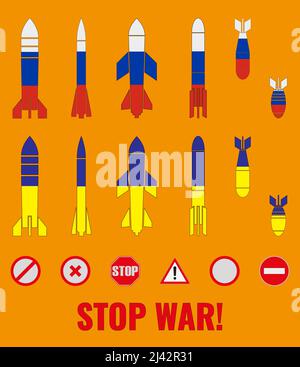 A set of icons of various bombs, rockets, painted in the colors of the flags of Ukraine and Russia and signs of anti-war symbols. Constructor. The ins Stock Vector