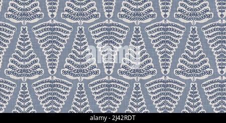 French blue botanical leaf linen seamless border with 2 tone country cottage style motif. Simple vintage rustic fabric textile effect. Primitive Stock Photo