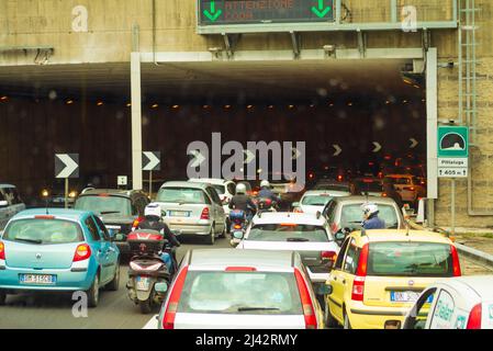 Heavy traffic in a road tunnel in Rome Italy. Nuova Circonvallazione Interna-The East Ring Road of Rome is a period of fast road, inside the city, Stock Photo