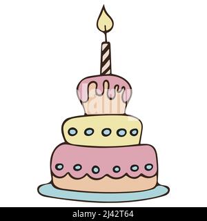 Colored vector hand drawn doodle birthday cake with candle Stock Vector