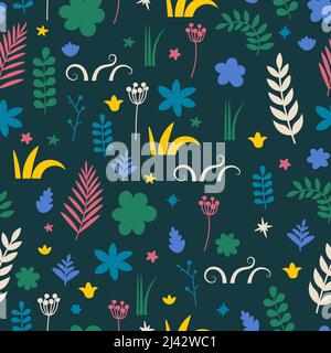 Vector seamless floral pattern. Repeating elements - branches, leaves, flowers and buds. Dark background. Stock Vector