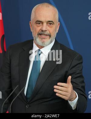 Berlin, Germany. 11th Apr, 2022. Edi Rama, Prime Minister of Albania, speaks during a joint press conference with Chancellor Scholz at the Federal Chancellery. Credit: Soeren Stache/dpa-Pool/dpa/Alamy Live News Stock Photo