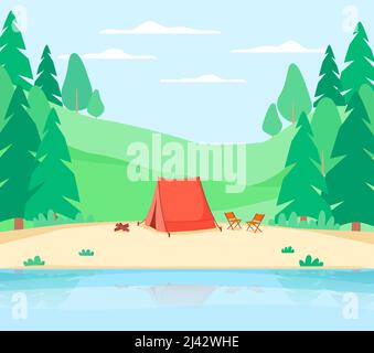 Summer landscape with forest on hills near river. National park or reserve with lake. Natural background. Vector  Stock Vector