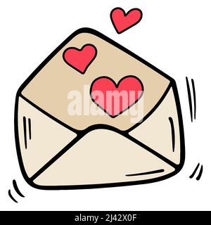 Colored doodle vector letter envelope with heart. Hand drawn logo or icon with thin black line. Stock Vector