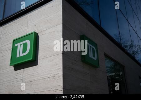 Washington, USA. 11th Apr, 2022. A general view of a TD Bank logo on a branch in Washington, DC, on Monday, April 11, 2022. (Graeme Sloan/Sipa USA) Credit: Sipa USA/Alamy Live News Stock Photo