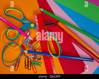 Various craft materials and colored paper Stock Photo