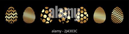 Easter egg gold icons. Golden eggs set isolated black background. Geometric design texture. Decoration Happy Easter celebration. Holiday elements Stock Vector