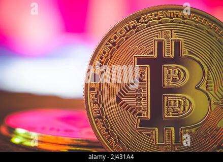 World cryptocurrency. Bitcoin coin closeup, copy space. The financial system of the future Stock Photo