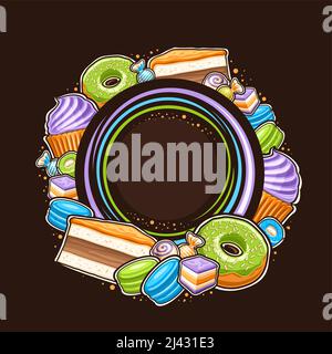 Vector frame for Patisserie with copy space, decorative sign board with illustration of assorted pastries, custard cake slice, green frosting donut, c Stock Vector