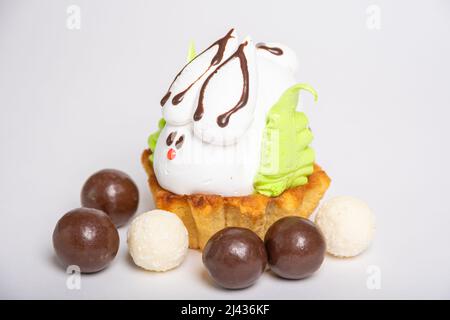Side view of a homemade protein cake in the shape of an Easter bunny nestled on a biscuit cookie among round chocolates. Sweet Easter tradition. sprin Stock Photo
