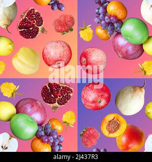 Seamless colorful pattern with various fruits on a colored gradient background in a cage Stock Photo