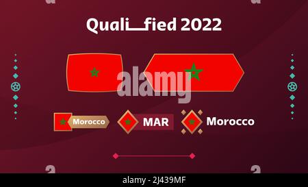 Set of marocco flag and text on 2022 football tournament background. Vector illustration Football Pattern for banner, card, website. national flag mar Stock Vector