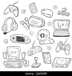 Video Games Computer Player Doodle Icons Sketch. Hand drawn Design Vector. Isolated on white Stock Vector