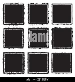 Set of nine grunge square white frames  on a black background Stock Vector