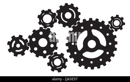 Mechanism of  black spinning gears on white background. Stock Vector