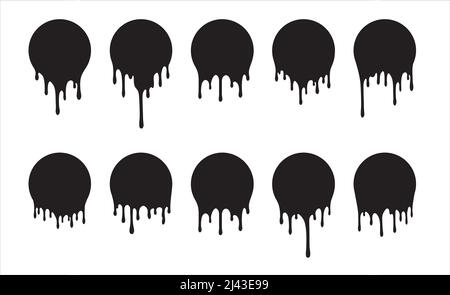 Set of ten vector round black paint drips. Illustration for your design. Stock Vector