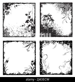 Set of four vector black floral frames in grunge style. Stock Vector