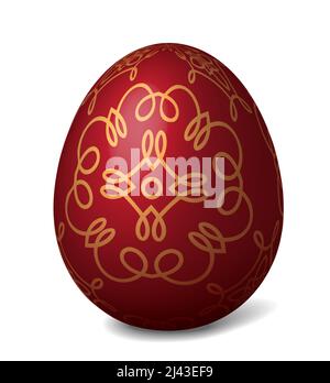 Traditional dark red Easter egg decorated yellow pattern. Vector illustration for your design. Stock Vector
