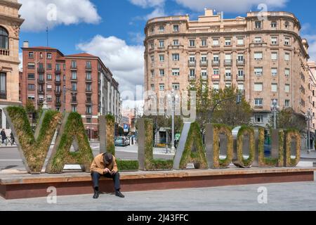 name of Valladolid in the Plaza de Zorrilla with the building of the Cavalry Academy as a backdrop, touristic postcard of the city, Castilla y Leon. Stock Photo