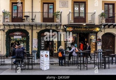 Cannoli and Co on Via Maqueda, Palermo, Sicily, Italy. Selling the traditional Sicilian cannoli and cassata. Hand crafted delicacies. Stock Photo