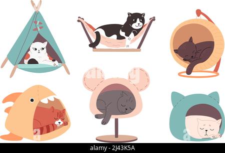 Multi-colored cats of different breeds rest in cat houses. Tired adorable kittens sleep in pet beds. Funny animals drawn in a flat style. Color vector illustration, doodle set isolated on white Stock Vector