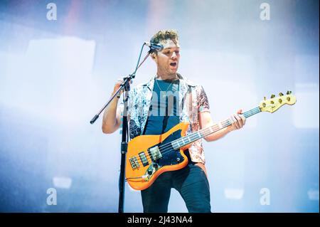 Manchester, UK. 11th April 2022. Mike Kerr and Ben Thatcher of Royal Blood perform their rescheduled gig  at Manchester AO Arena. 2022-04-11. Credit:  Gary Mather/Alamy Live News Stock Photo