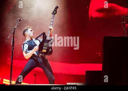 Manchester, UK. 11th April 2022. Mike Kerr and Ben Thatcher of Royal Blood perform their rescheduled gig  at Manchester AO Arena. 2022-04-11. Credit:  Gary Mather/Alamy Live News Stock Photo