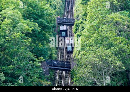 Lynton and Lynmouth Cliff Railway In North Devon England UK is the only fully water powered railway in the UK. Stock Photo