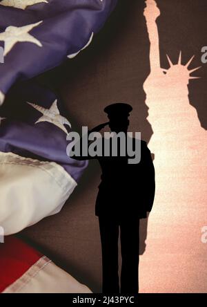 Soldier saluting against us flag and statue of liberty on grey background with copy space Stock Photo