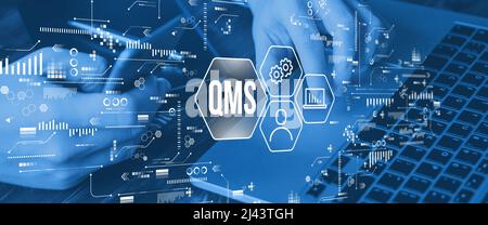 Acronym QMS or Quality Management System. Abstract scheme with text and icons. Stock Photo