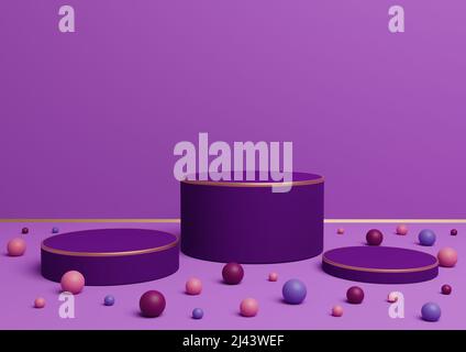 Bright purple, violet 3D rendering of three podium stands product display with golden lines and colorful marbles for product presentation or backdrop Stock Photo