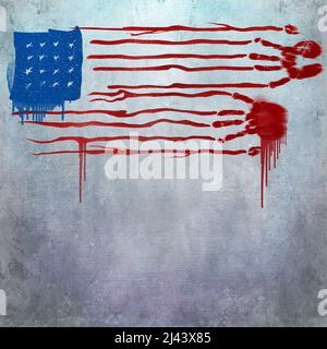 A USA flag is seen painted in graffiti on a concrete wall with hand prints in red that suggest blood on hands in this 3-d illustration. Stock Photo