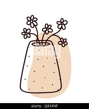 Abstract floral doodle with color organic shape. Minimalist vase with flowers isolated on white background. Vector hand-drawn illustration. Stock Vector