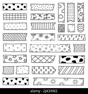 Set of washi tape strips with various cute designs isolated on white background. Scotch paper sticker. Vector hand-drawn illustration in doodle style. Stock Vector