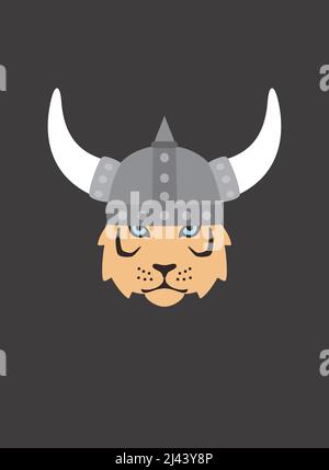 Portrait of tiger, wearing horn helmet, like viking soldier, cool style Stock Vector