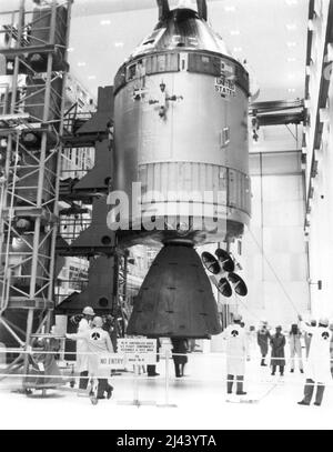Command and Service Module for Apollo 13 being inspected before its flight Stock Photo