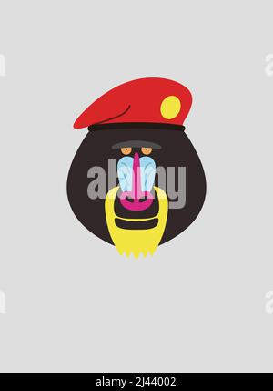 Portrait of mandrill, wearing beret, like soldier, cool style Stock Vector