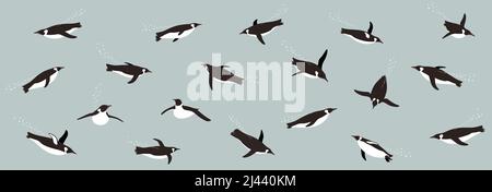 Many Emperor Penguins swimming in the sea with various postures. Stock Vector