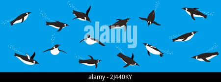 Many Emperor Penguins swimming in the sea with various postures. Stock Vector