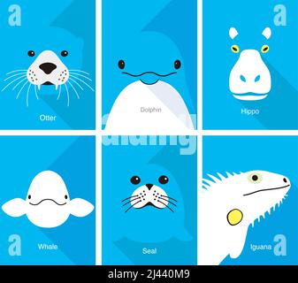 Animal cartoon faces, cute flat portrait icon, vector illustration Stock Vector