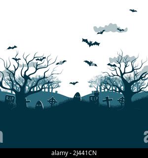 Traditional holiday Halloween night party poster with two dead trees at white background, bats flying over graves and cemetery crosses, grey clouds fl Stock Vector