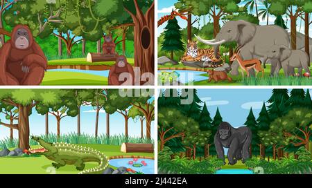 Different forest scenes with wild animals illustration Stock Vector ...