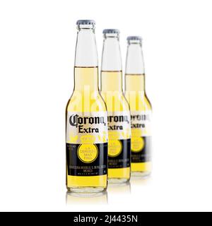 Tallinn, Estonia - March, 2022: Corona Extra beer isolated on white, produced by in Mexico. Stock Photo