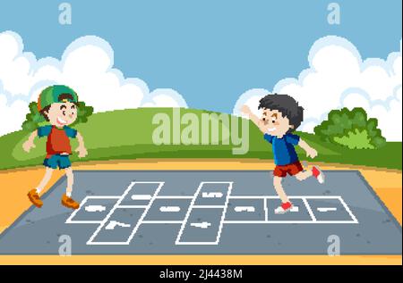 Children playing hopscotch game at the park illustration Stock 