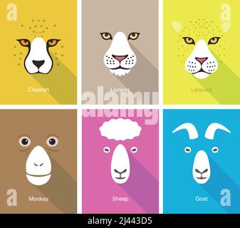 animal face flat icon set design, vector illustration Stock Vector