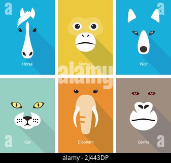 animal face flat icon set design, vector illustration Stock Vector