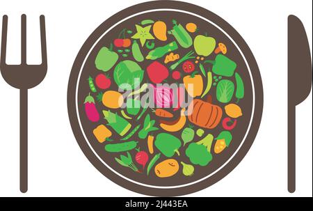 Vegetable and fruit in the plate, vector illustration. Modern flat illustrations. Healthy food design Stock Vector