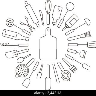 Kitchen tool icons collection, tools around the board Stock Vector